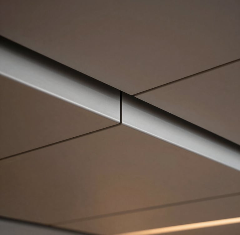 Macro close-up of a seamless aluminum joint under-deck ceiling, showing clean architectural lines, precise interlocking metal panels, soft dramatic lighting, sharp focus, 35mm.