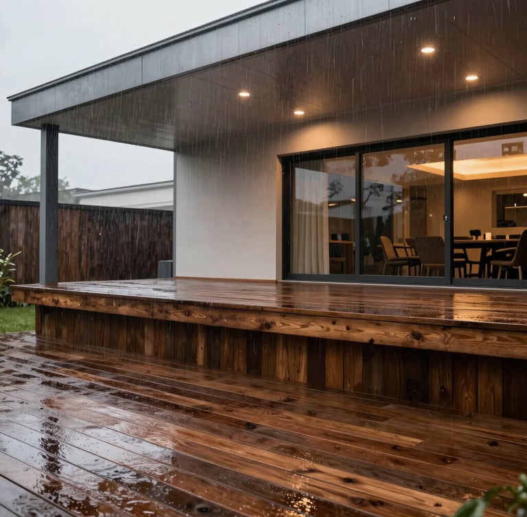 Side profile of a raised wooden deck during a heavy downpour. The upper deck is visibly wet and dripping, while the lower patio is completely dry, finished with clean aluminum ceiling panels and warm recessed lighting.