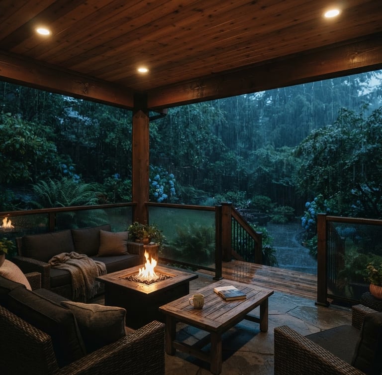 Wide environmental 35mm architectural photograph of a finished under-deck patio during an active rainstorm. Looking out from the dry patio with warm artificial ceiling lights turned on into a wet, moody green garden. Rich desaturated tones.