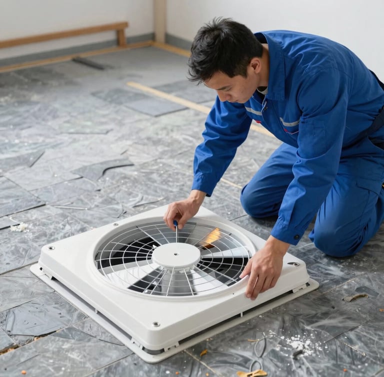A professional trade technician in a clean blue uniform installing a modern white underfloor extraction fan inside a clean, dry subfloor space, illuminated by high-contrast work lights.