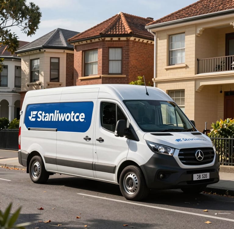 A professional service van with clean branding parked on a leafy residential street in Stanmore Sydney, historic terrace houses in the background, bright afternoon sun.