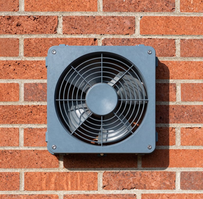 Sharp commercial photography of a clean, modern underfloor extraction fan installed neatly in a heritage red brick foundation wall, bright daylight, 35mm lens.