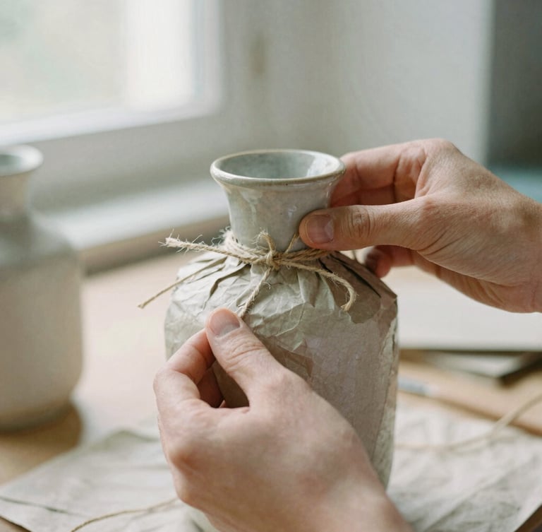 Close-up of hands carefully wrapping a ceramic vase in textured paper and natural twine, soft morning light, shallow depth of field, tactile packaging.