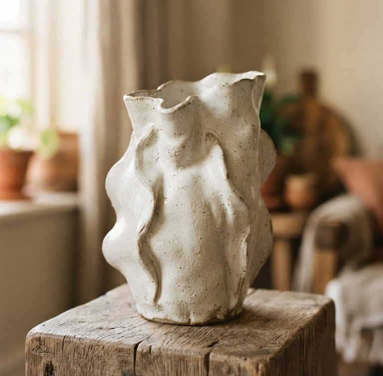 Close-up of a sculptural ceramic vase with an off-white glaze on a wooden plinth, soft morning window light creating natural shadows, shallow depth of field, warm editorial photography.