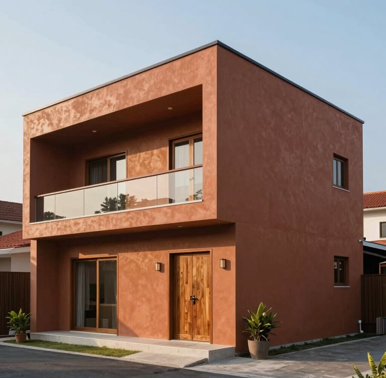 Fasad bangunan rumah minimalis modern dua lantai dengan aksen terracotta dan kayu hangat, diterangi cahaya matahari pagi yang lembut dari sudut kanan.