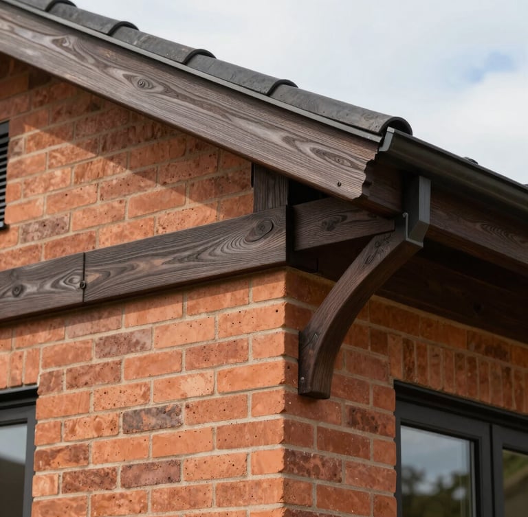 Close-up architectural detail of the house exterior, showing high-quality terracotta brickwork and dark wood finishes under bright daylight, elegant textures