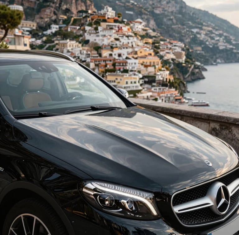 Close-up of a gleaming black Mercedes-Benz executive vehicle parked on a scenic coastal curve overlooking Positano, warm sun glinting off the polished hood.