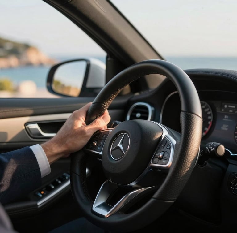 Close-up of a professional driver's neatly dressed hand on the leather steering wheel of a Mercedes-Benz, warm Mediterranean sunlight streaming through the window, soft focus coastal background