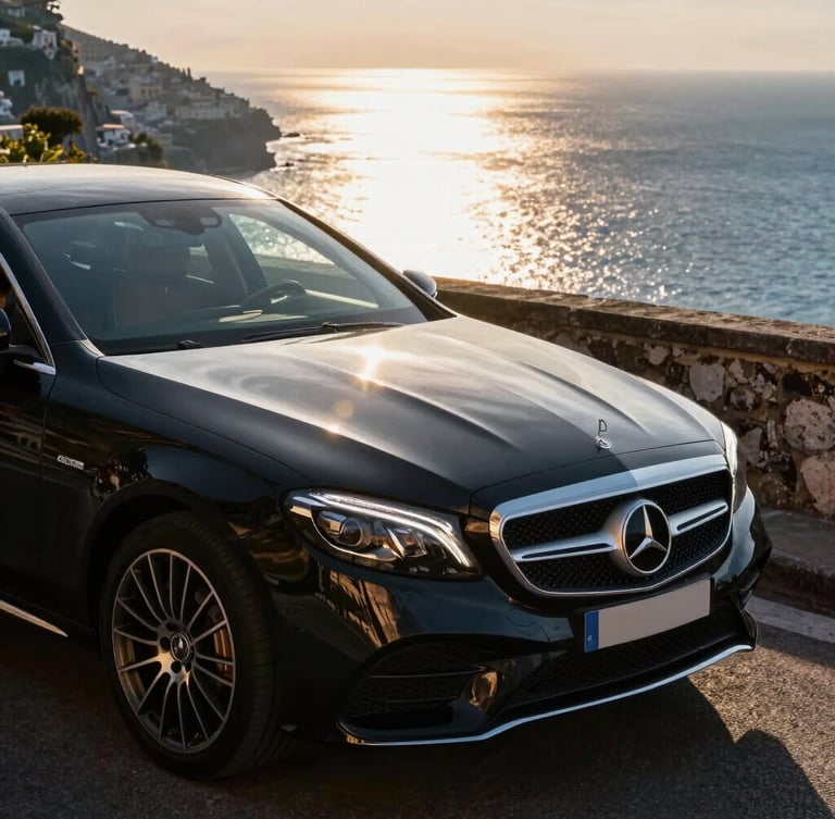 Close-up of a gleaming black Mercedes-Benz executive sedan parked on a quiet cliffside turn in Positano, warm golden hour light reflecting off the deep blue Mediterranean sea in the background, elegant and clean composition.