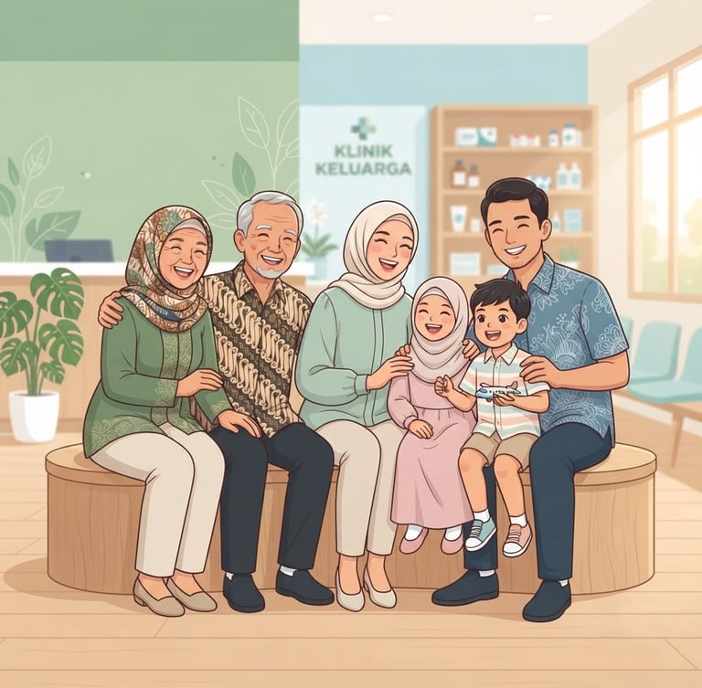 Vector illustration of a multi-generational Indonesian family with grandparents, parents, and children smiling together in a warm green and pastel clinic environment, soft daylight.