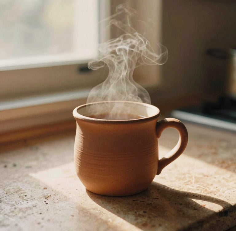 A warm editorial photograph of a thick-rimmed terracotta mug steaming with tea on a lived-in kitchen counter, golden-hour window light, tactile clay textures, 35mm film