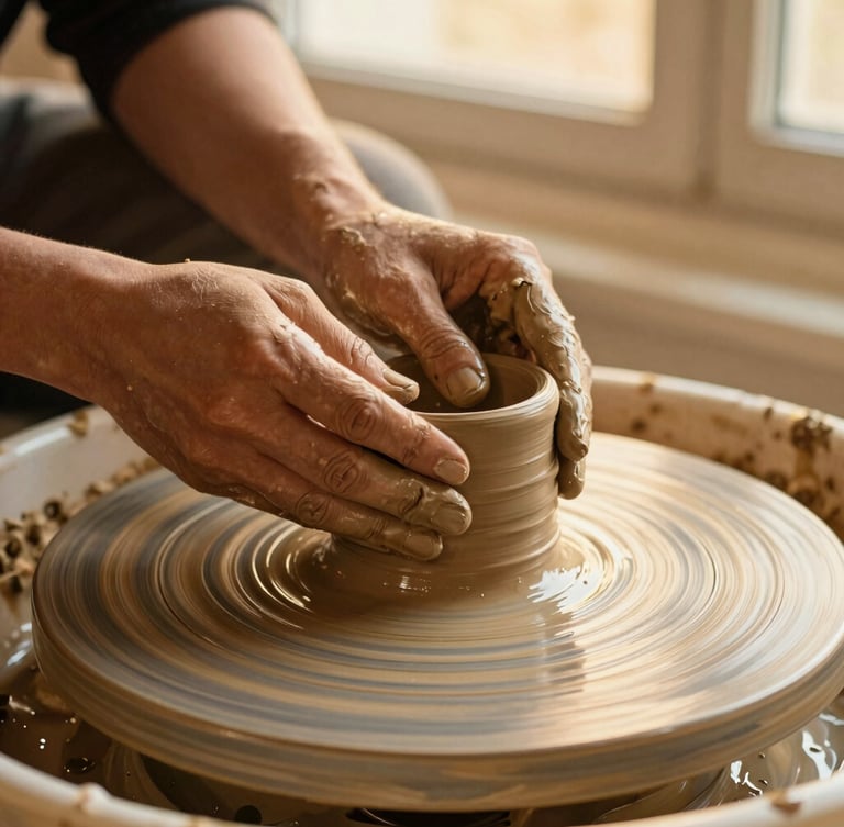 Close-up of wet clay spinning on a wheel, hands covered in slip, warm golden-hour side lighting highlighting the tactile clay ridges.