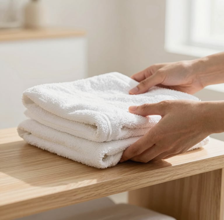 A close-up of hands neatly placing a crisp, freshly folded white linen towel on a clean wooden shelf, soft daylight, warm neutral tones, shallow depth of field.