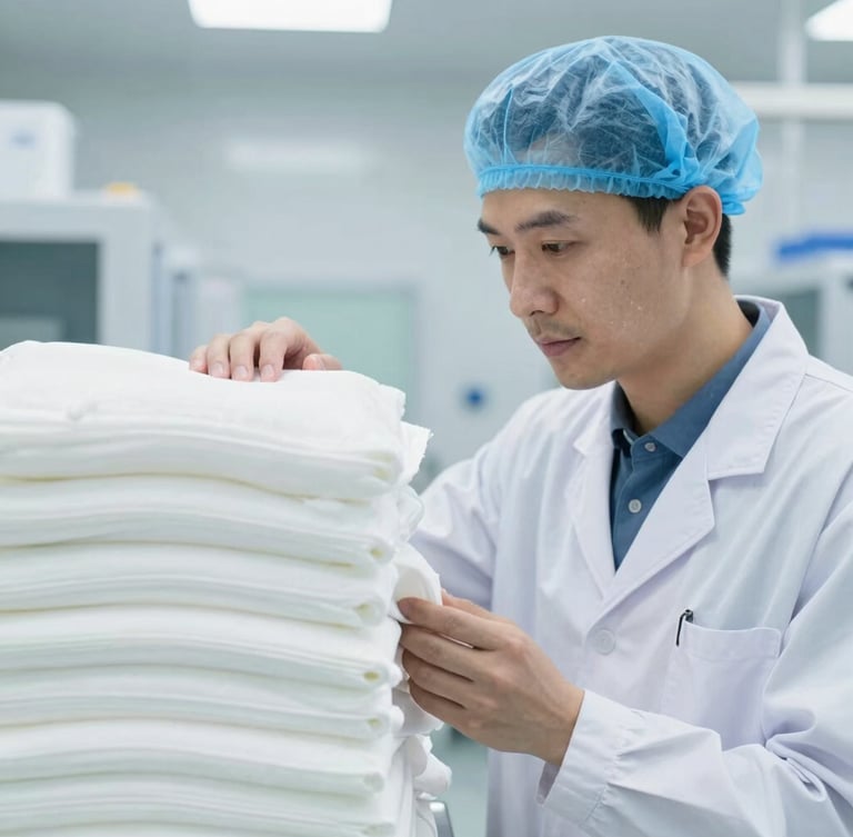Portrait-oriented close-up of a technician in a clean lab coat inspecting a stack of perfectly white, freshly laundered medical linens under bright industrial lighting, emphasizing meticulous quality control.