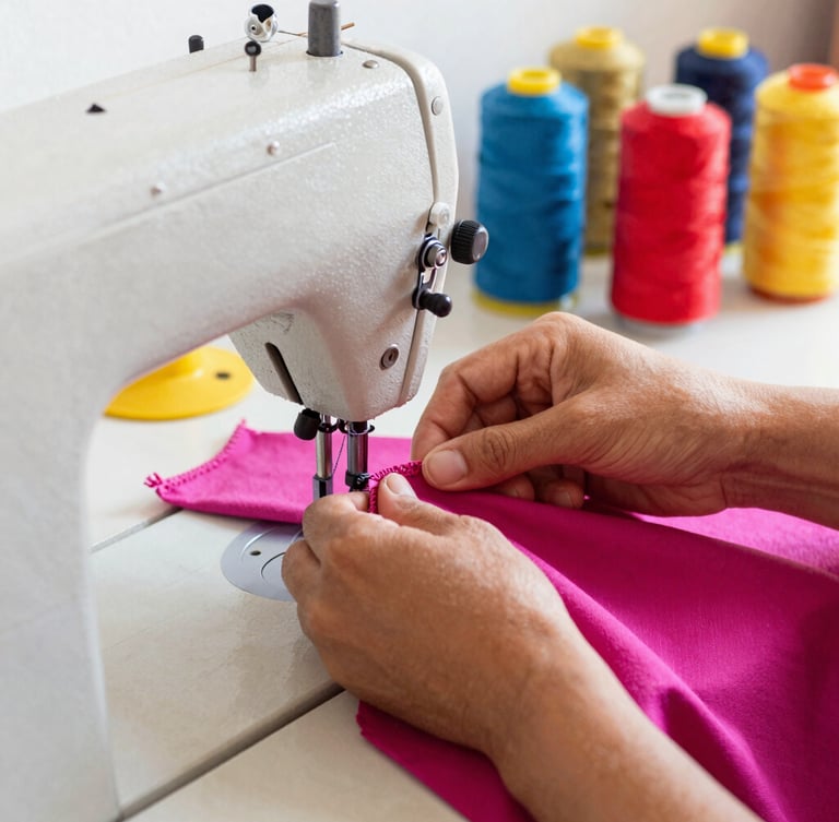 Close-up of artisan hands carefully stitching a bright magenta fabric on a vintage sewing machine in a warm, sunlit workshop in Celaya, colorful thread spools in the background, shallow depth of field