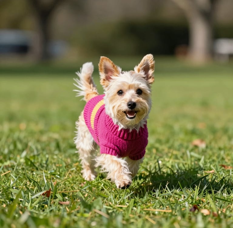 Vibrant editorial photography of a happy small dog running in a sunny park wearing a colorful hand-knitted magenta sweater, bright natural daylight, eye-level shot