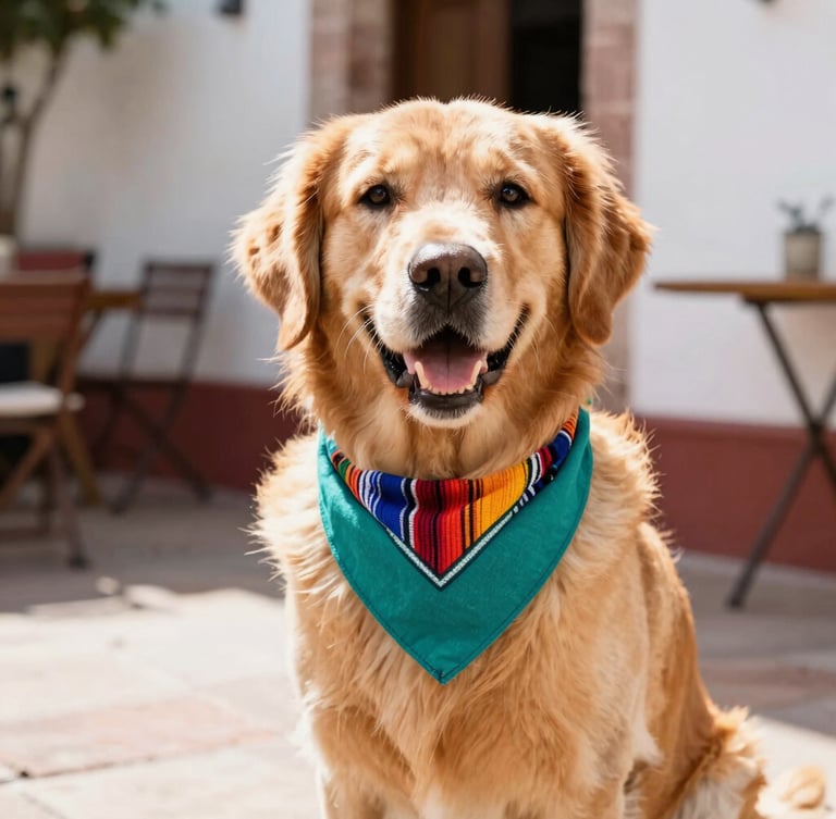 Vibrant eye-level portrait of a happy Golden Retriever wearing a colorful handcrafted Mexican teal bandana, sitting in a sun-drenched patio in Guanajuato, bright natural daylight, 35mm photography