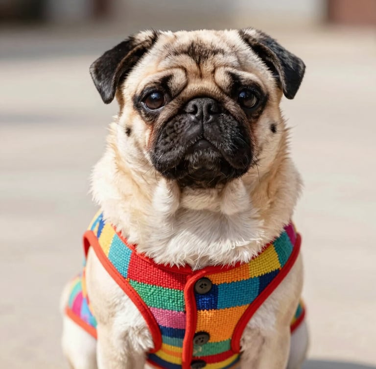 Bright editorial photo of a calm pug wearing a colorful hand-woven vest, showing the precise fit around the neck and chest, warm daylight.