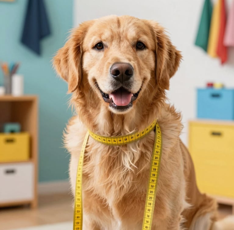 Close-up photography of a tailor measuring a cheerful golden retriever with a soft yellow measuring tape inside a bright, colorful workshop, warm daylight