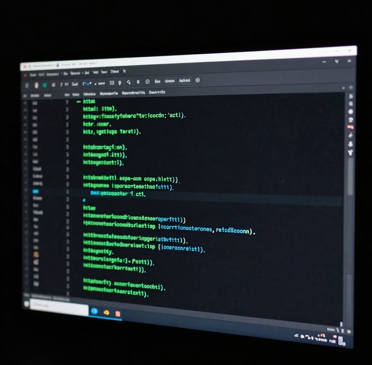 Macro shot of a sleek computer monitor displaying clean, responsive HTML table code, subtle neon green and cyan glow, high-contrast dark room ambient light.