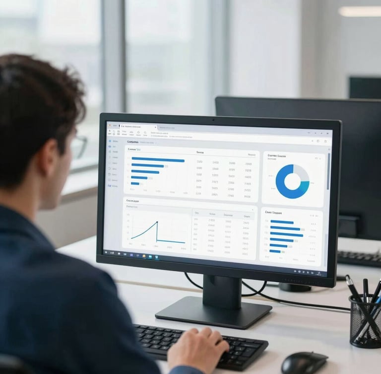 Over-the-shoulder view of a professional analyzing clean data dashboards on a monitor in a bright, modern corporate office with cool slate tones.