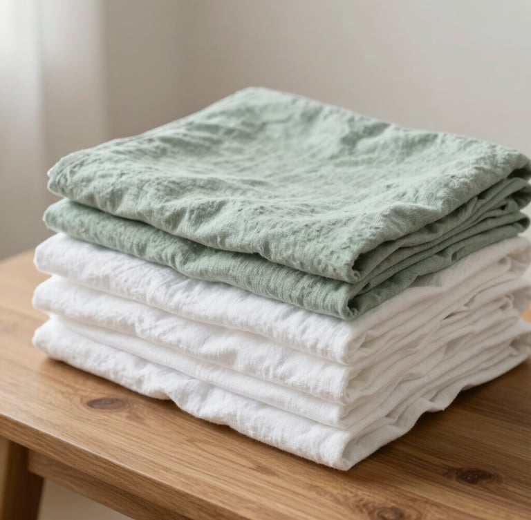 Clean minimalist photography of neatly folded linen stacks on a wooden table, soft natural morning daylight, calming sage green and crisp white tones, shallow depth of field