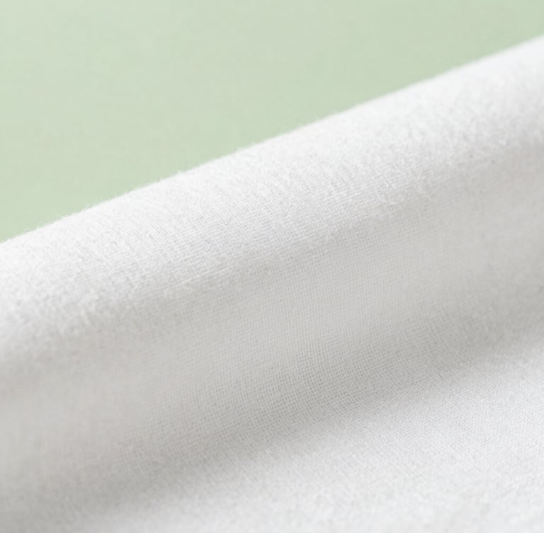 Macro shot of organic white cotton fabric texture, soft natural morning daylight filtering through, calming sage green background accent, minimalist composition