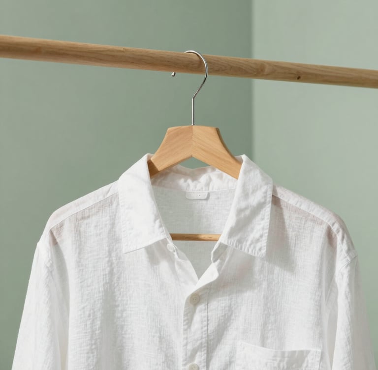 Close-up of a wooden hanger holding a freshly steamed linen shirt, soft morning light, minimalist laundry room with sage green wall accents
