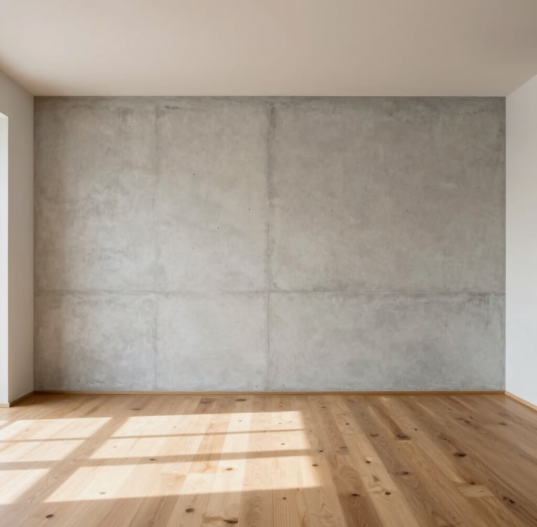 Symmetrical interior architectural shot of a bright minimalist living room, raw concrete wall, warm oak floors, soft natural overcast light casting clean shadows, 35mm lens