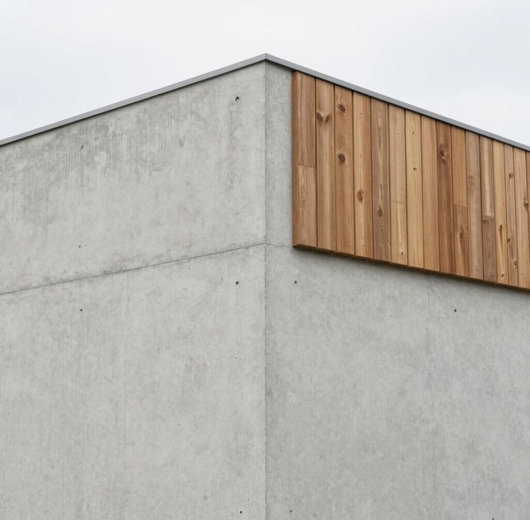 Straight-on architectural photography of a concrete wall junction with a clean joint detail, soft natural overcast daylight, sharp focus, minimalist composition, 35mm lens