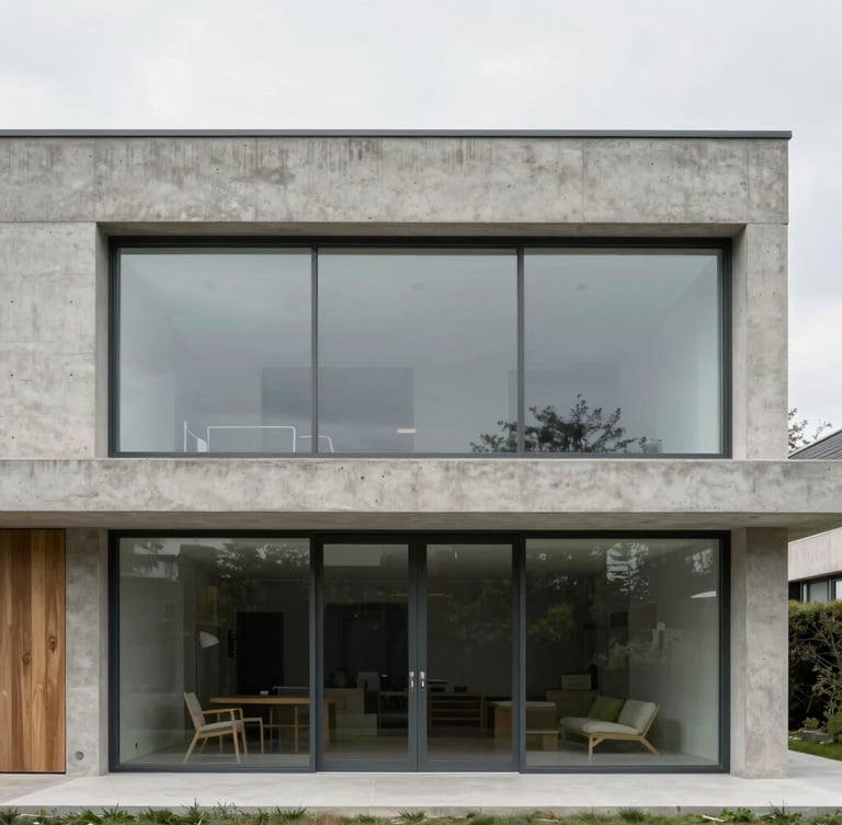 Straight-on architectural photograph of a minimalist concrete and glass villa facade in Vitré, overcast natural light, sharp focus, raw concrete texture, 35mm lens