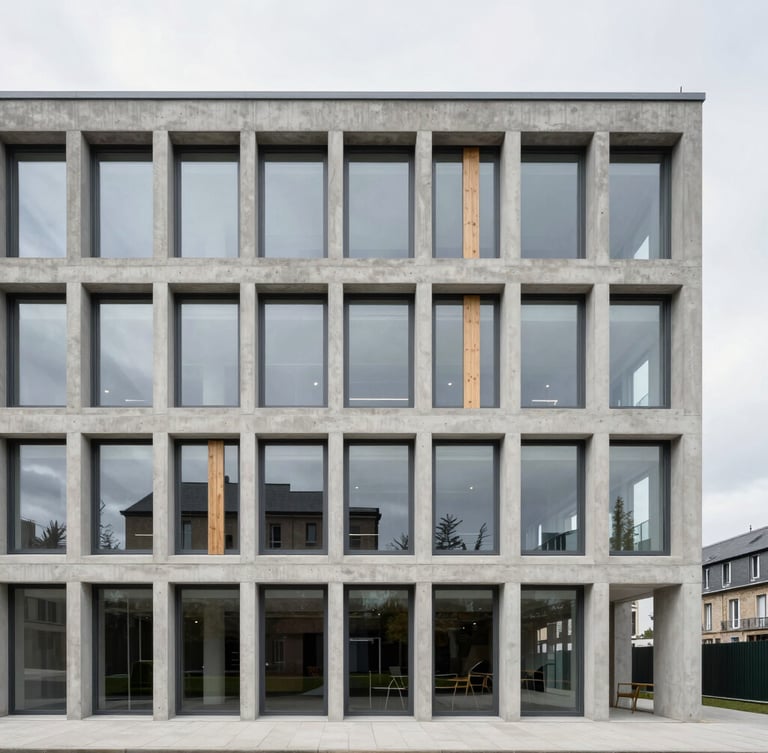 Straight-on architectural photography of a modern concrete office building in Vitré, soft overcast daylight, clean lines, sharp focus, 35mm lens
