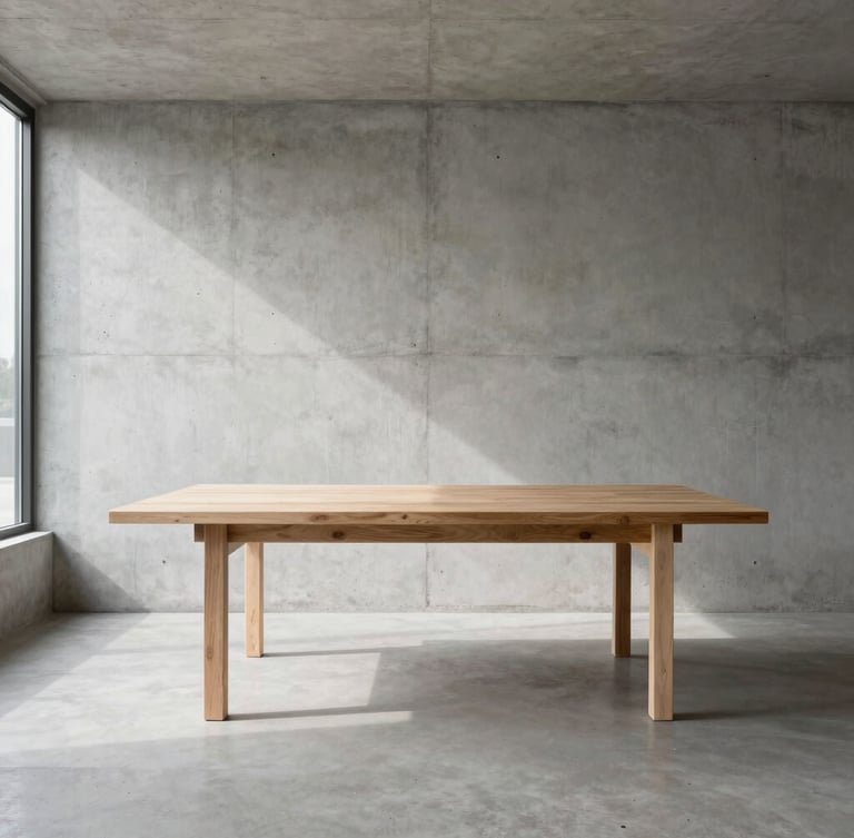Interior wide-angle elevation of a minimalist concrete and timber workspace, natural light casting long clean shadows, sharp focus