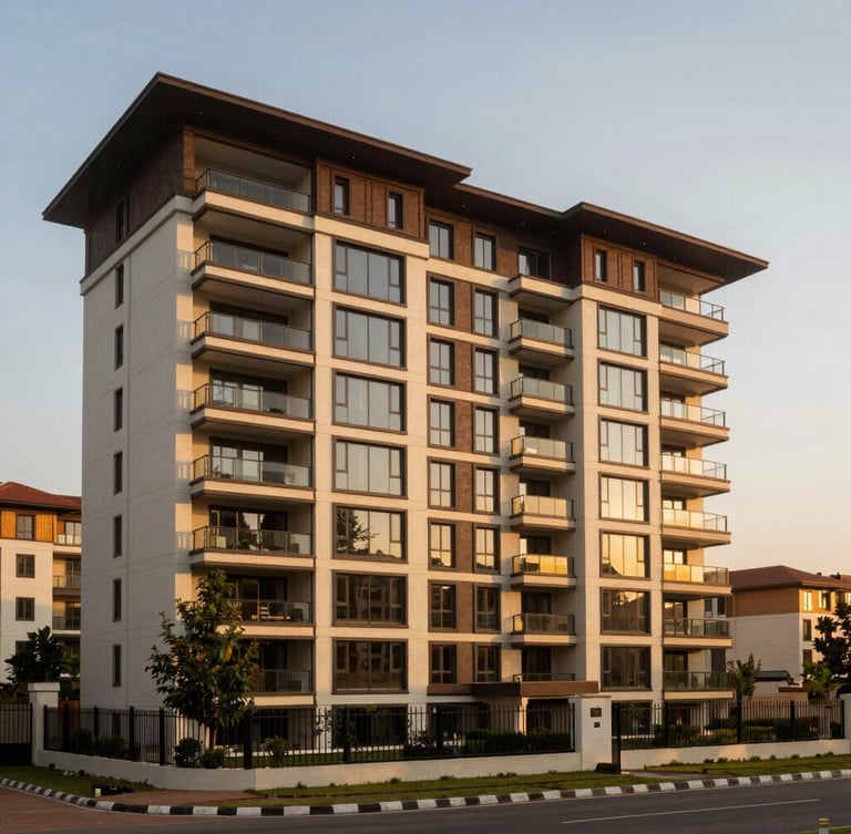 A wide-angle environmental shot of a premium residential development in Abuja under warm golden hour light, sharp focus, architectural photography