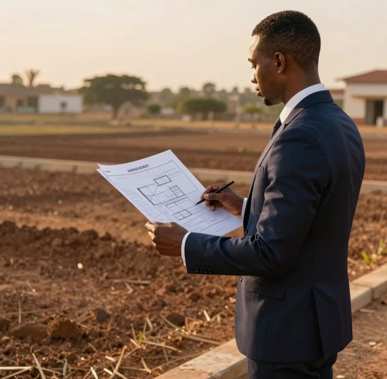 A professional real estate advisor in a sharp suit standing on a sunny, clearly demarcated Abuja land parcel, holding site plans, warm golden hour light, architectural focus, 35mm lens