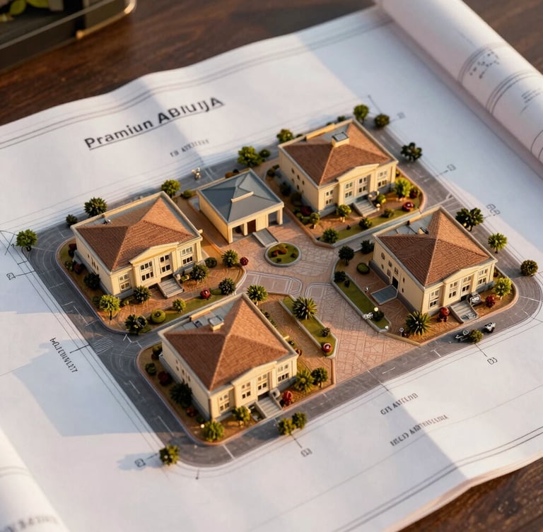 Overhead architectural site plan of a premium Abuja residential estate, clean drafting lines, warm golden hour light, professional blueprint layout