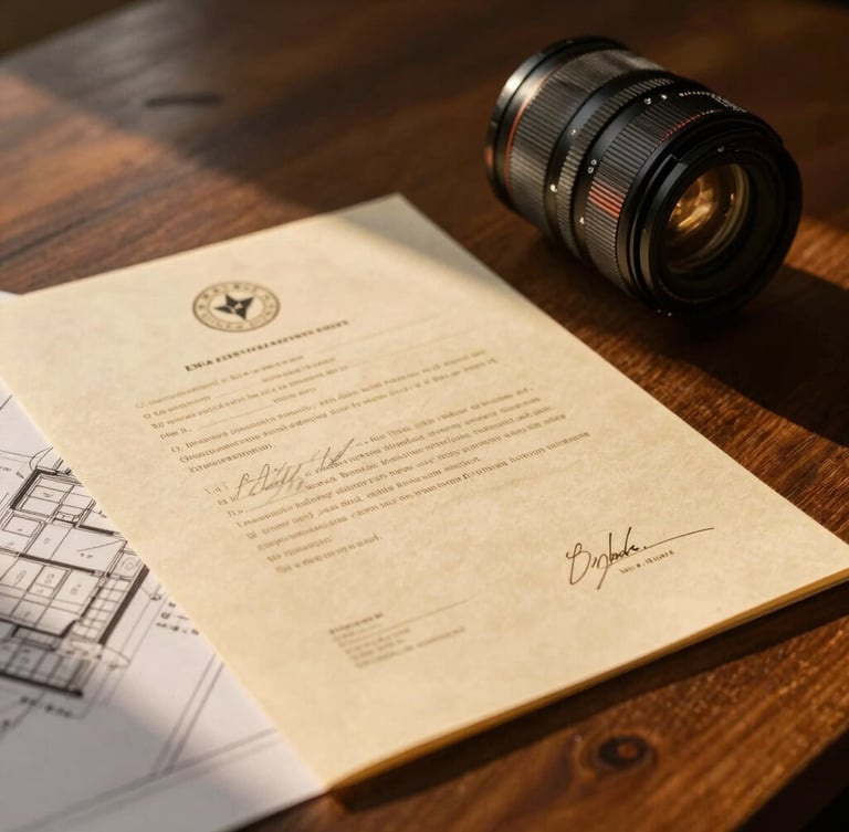 Close-up of signed deed documents and architectural site plans on a dark wooden table, warm golden hour light, sharp focus, 35mm lens