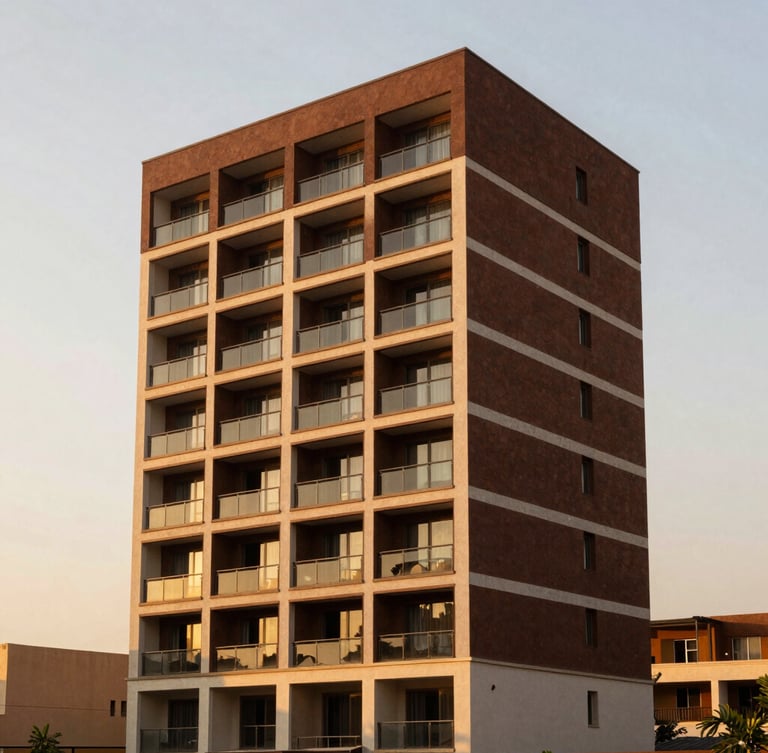 Warm editorial architectural photography of a premium residential development in Abuja, golden-hour natural sunlight, rich deep tones, sharp focus, 35mm lens.