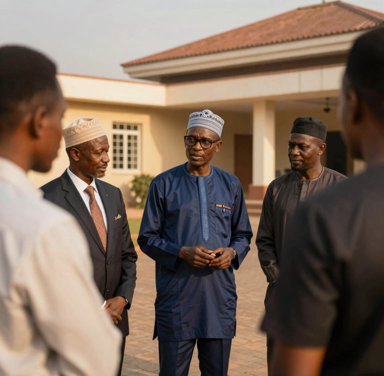 Medium shot of professional advisors guiding clients on-site in Abuja, warm late-afternoon sunlight, sharp focus.