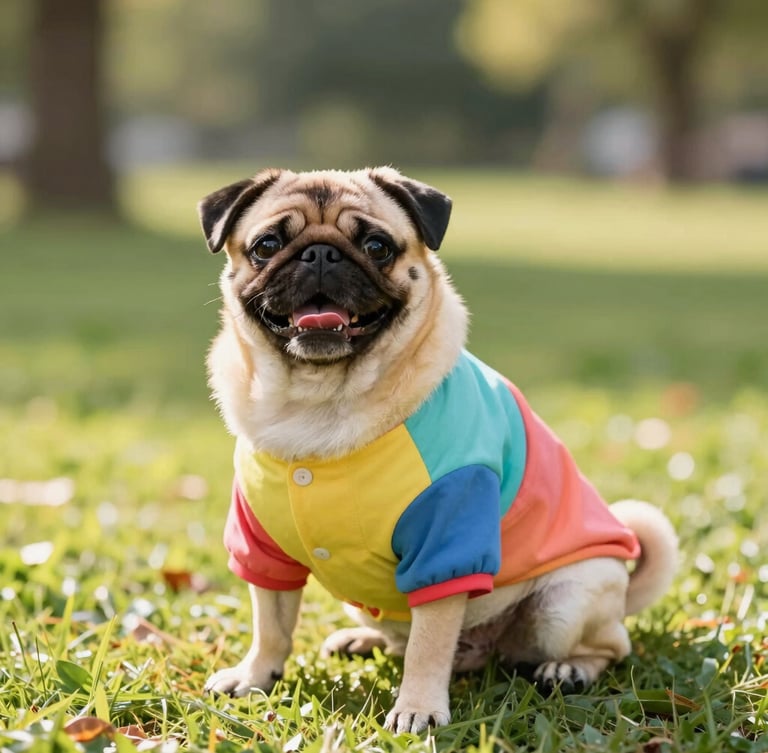 Bright lifestyle pet photography of a happy pug wearing a colorful custom-tailored shirt, sitting in a sunny park, bright natural daylight, 35mm lens.