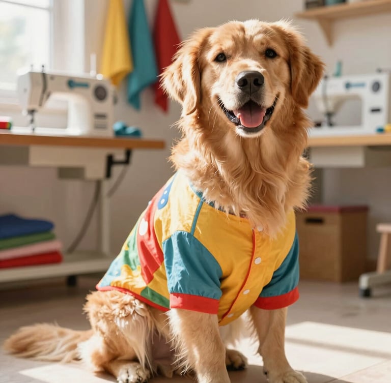 Bright lifestyle pet photography, a happy golden retriever wearing a colorful artisanal shirt sitting in a sunlit home workshop, sewing machines and colorful fabrics softly blurred in the background, warm daylight, 35mm lens