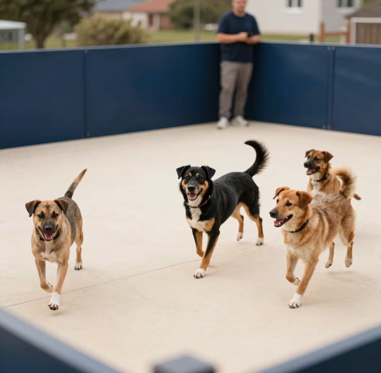 Wide panoramic shot of several happy dogs playing actively in a clean, double-fenced outdoor yard, staff member supervising in the background, soft natural daylight, rich navy and warm cream tones, shallow depth of field, 35mm, warm editorial photography.