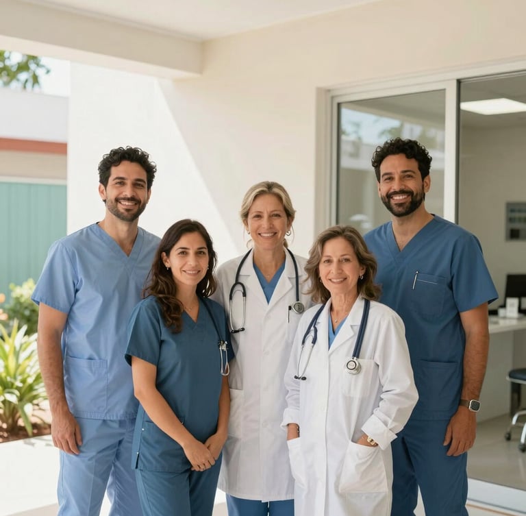 A warm editorial portrait of a veterinary family team standing outside a clean, modern clinic in Mexico, soft natural daylight, professional 35mm.