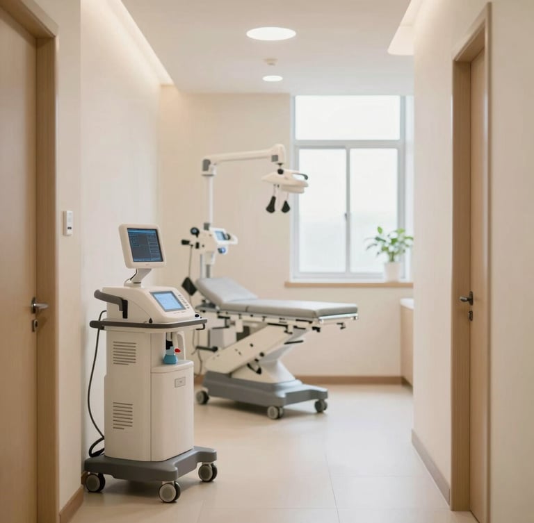A clean, modern veterinary clinic corridor with advanced medical equipment visible in the background, soft warm lighting, professional clinical atmosphere