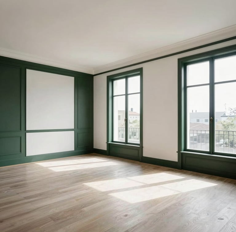 Wide-angle architectural shot of a freshly painted modern apartment living room with clean white walls, crisp dark trim, bright natural light pouring through large windows, elegant minimal design