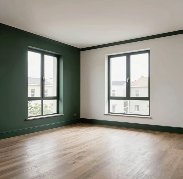 Bright natural daylight flooding an empty modern apartment interior with freshly painted white walls and crisp dark trim, wide-angle professional architectural photography.