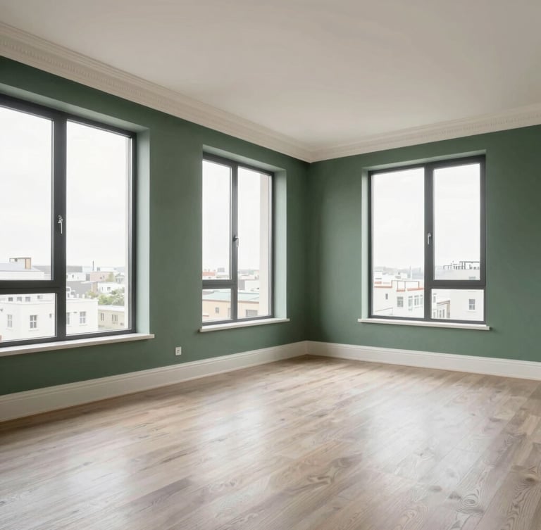 Wide-angle professional architectural photography of an upscale, empty modern apartment interior. Bright natural daylight floods through large windows onto freshly painted walls with crisp trim.