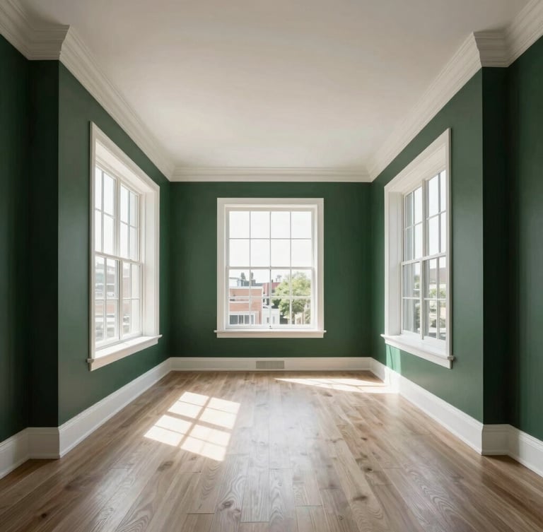 Wide-angle architectural photograph of a modern, upscale apartment living room with freshly painted deep forest green accent walls, clean white trim, and sunlight streaming through large windows.