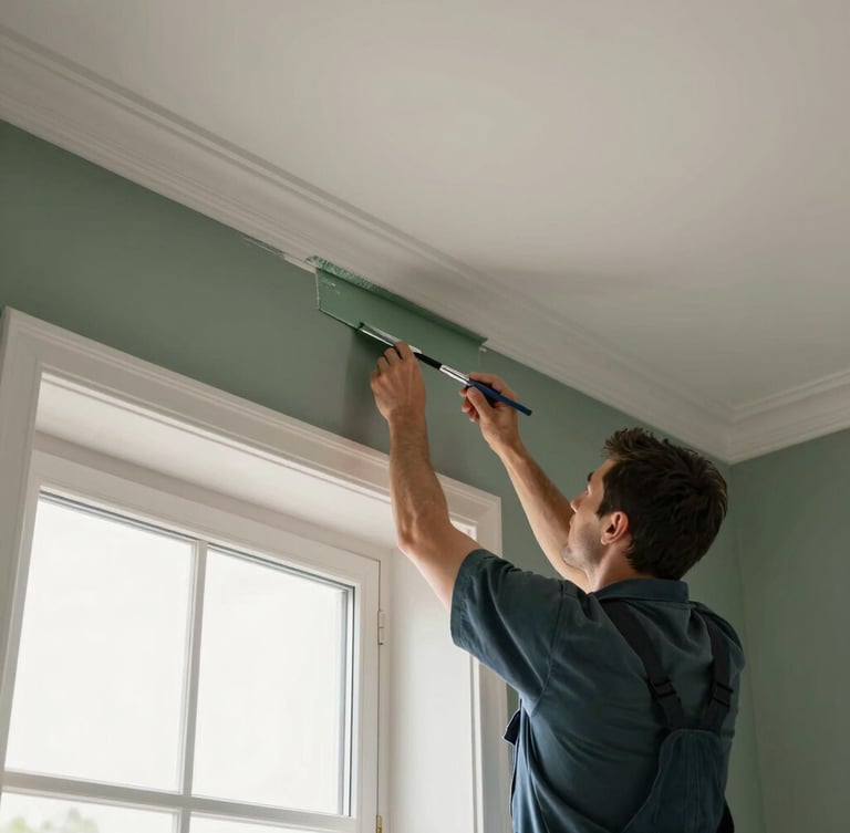 Close-up of a professional commercial painter in a clean uniform carefully painting a crisp edge near high-end crown molding, natural window light.