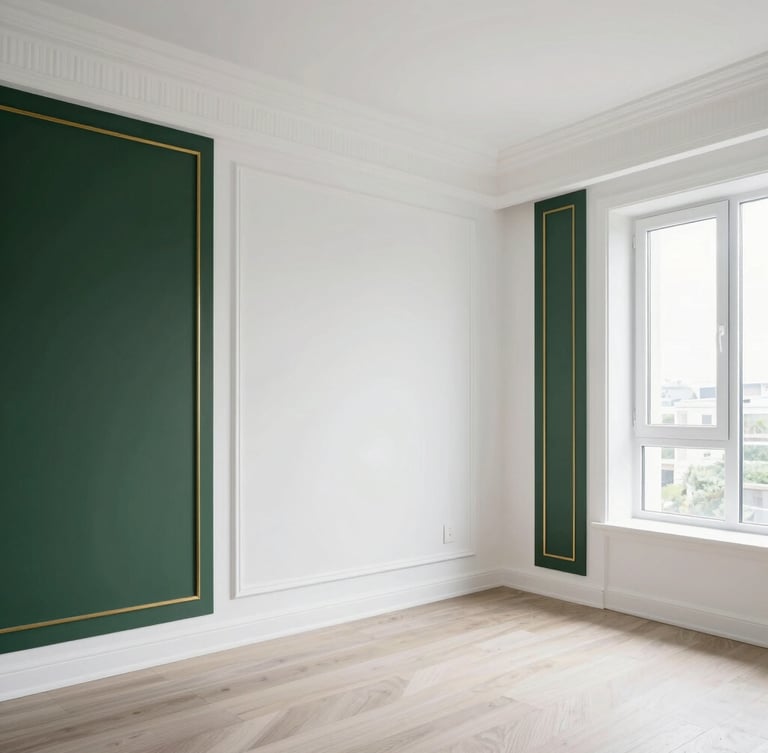 Professional architectural photograph of a freshly painted luxury apartment bedroom, pristine white walls, natural daylight, elegant dark green and gold accents, clean trim, no people